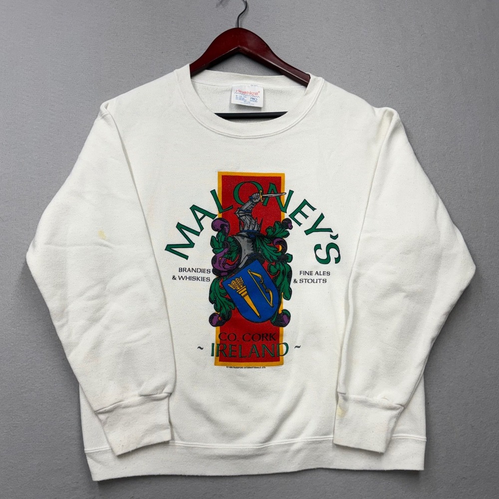 Healthknit Sweatshirt Mens M White Maloneys Ireland Vintage 80s Graphic Pullover